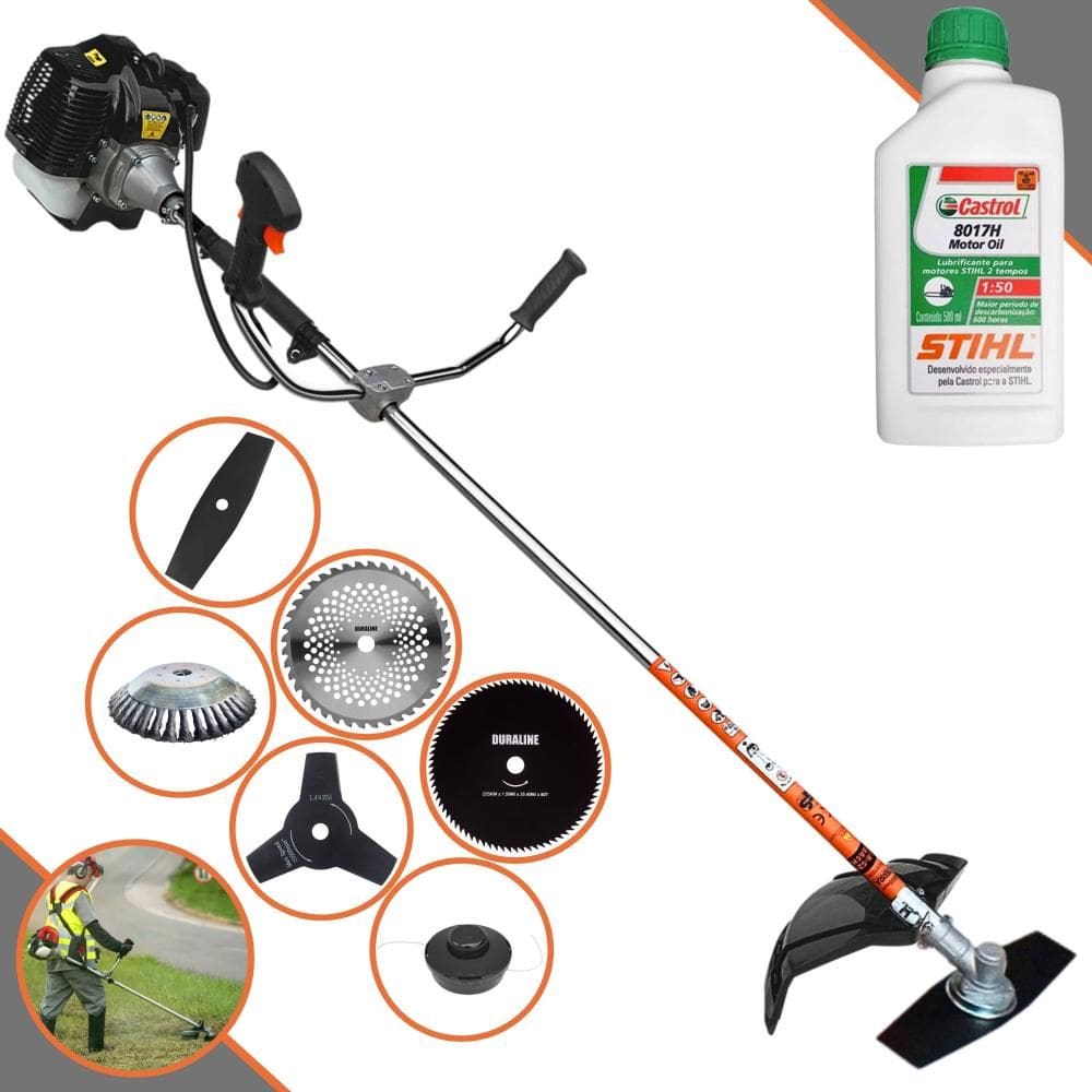 Roçadeira À Gasolina Terra GRH-520 52cc Com Lâmina 2 Pontas e Carretel + Facas 3 Pontas, 40 Dentes de Vídea, 80 Dentes, Escova de Aço + ÓLEO STIHL
