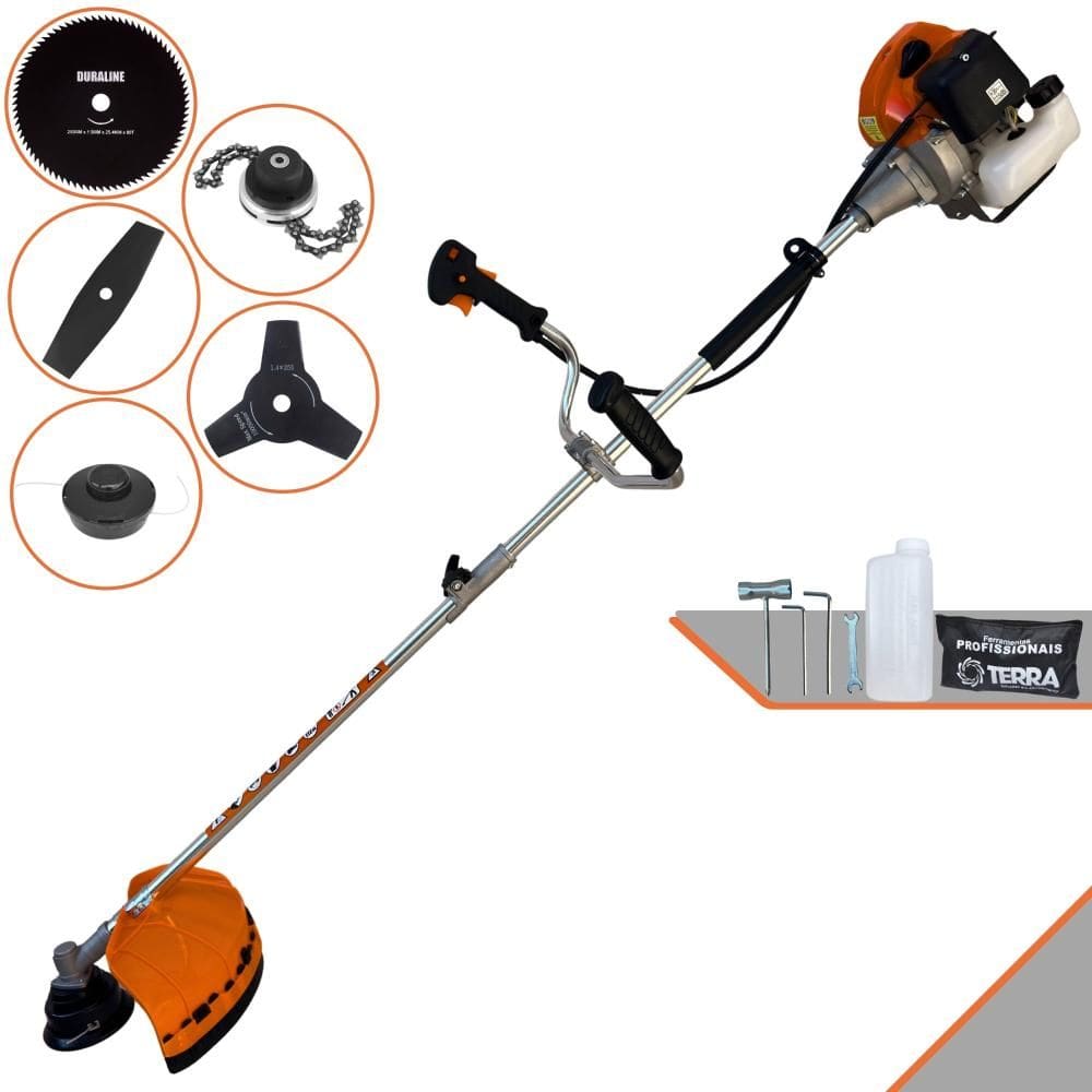 Roçadeira À Gasolina Terra GRHB430 Bi-Partida 43cc 1,7HP Multifunções Com Carretel Nylon + Lâmina Facão + Lâmina 3 Pontas + Lâmina 80 Dentes + Trimmer