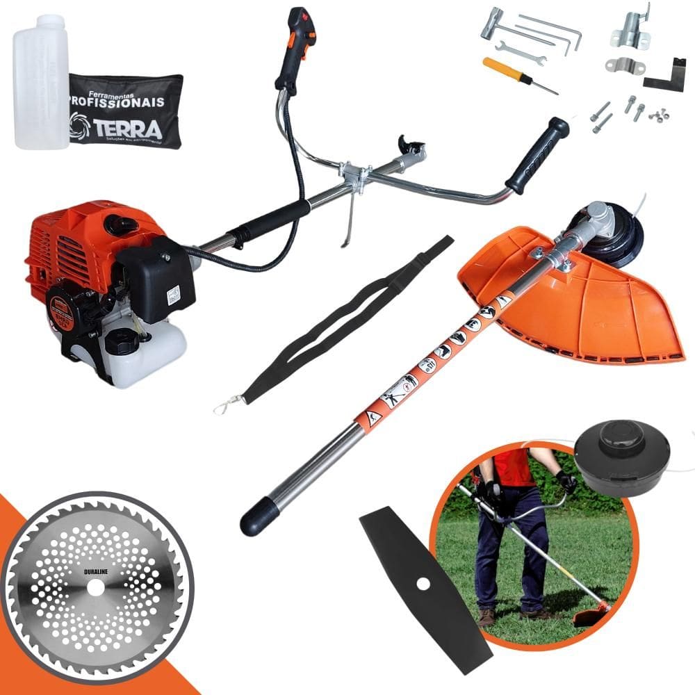 Roçadeira Terra GRHB430 Bipartida À Gasolina 43cc 1,7HP 12000rpm Cortador de Grama Com Carretel de Nylon + Lâmina 2 Pontas + Lâmina 40 Dentes de Vídea