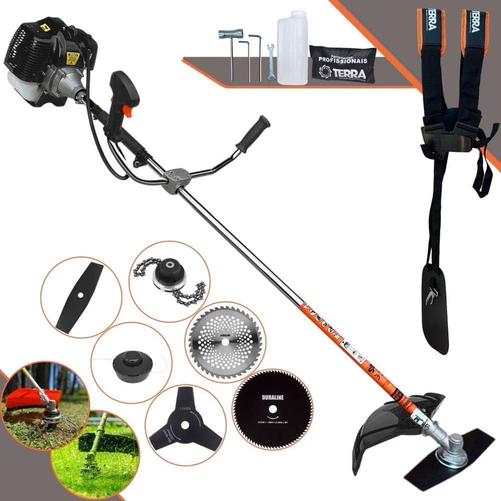 Roçadeira À Gasolina Terra GRH520 52cc  2T 2,5HP Com 6 Opções de Corte Com Carretel + Facas 2 Pontas + 3 Pontas + 40 Dentes + 80 Dentes + Trimmer
