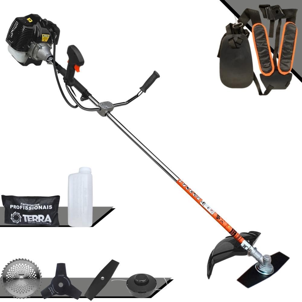 Roçadeira À Gasolina Terra GRH520 52cc 2,5HP Alta Performance Com 4 Opções de Corte Com Carretel + Faca 2 Pontas + Faca 3 Pontas + Faca 40 Dentes