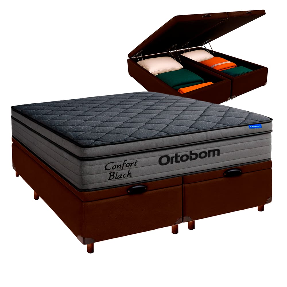Cama Box Bau Marrom + Colchão Casal Confort Black Espuma Soft Gel Ortobom