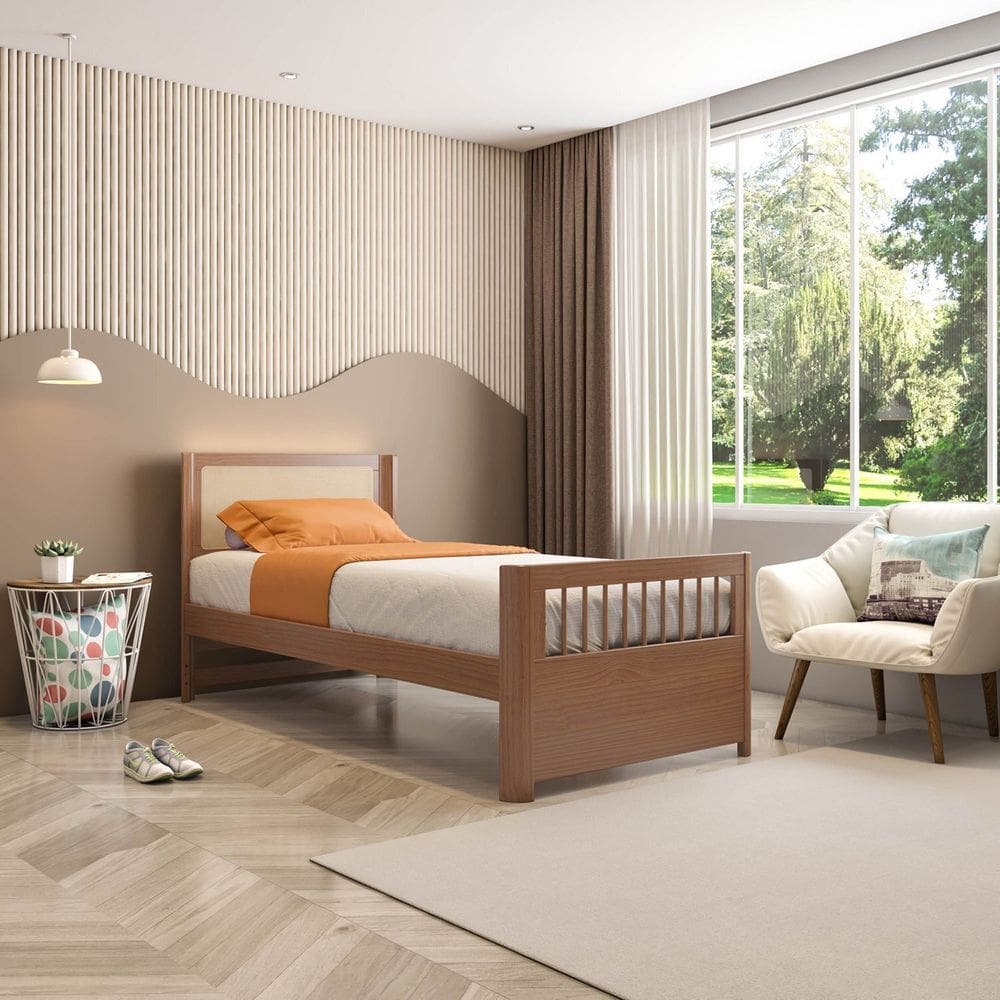 Cama Solteiro Juvenil Reversivel em Rattan com Led Wave Casatema Freijó