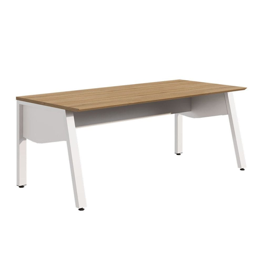 Mesa Escrivaninha Escritório 150cm com Tampo Chanfrado e Pés Metálicos Industrial Executive Macadâmia / Branco