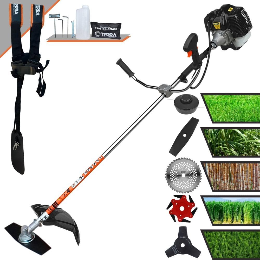 Aparador de Grama À Gasolina Terra GRH520 2 Tempos 52cc 2,5HP de Potência 6.500rpm Roçadeira Completa Com Carretel de Nylon e Kit 4 Lâminas de Corte