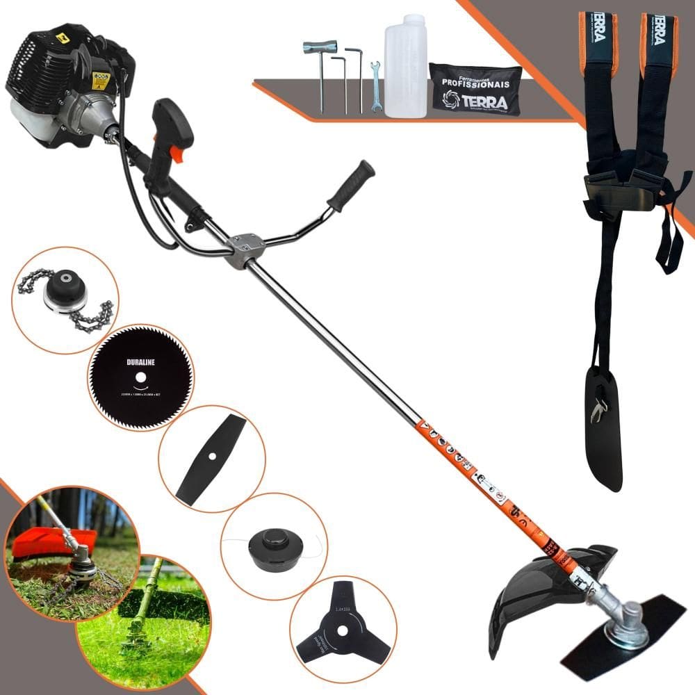Roçadeira À Gasolina Terra GRH520 52cc 2,5HP 6.500rpm Multifunções Com Carretel de Nylon + Lâmina Facão + Lâmina 3 Pontas + Lâmina 80 Dentes + Trimmer