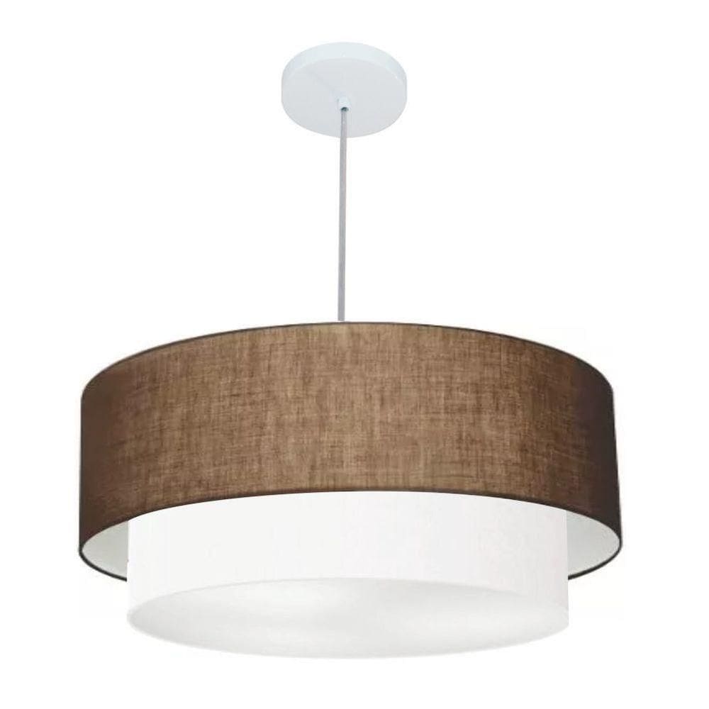 Lustre Pendente Duplo Cilíndrico Vivare Md-4352 Cúpula Tecido 55x50cm - Bivolt Café-branco 127/220v