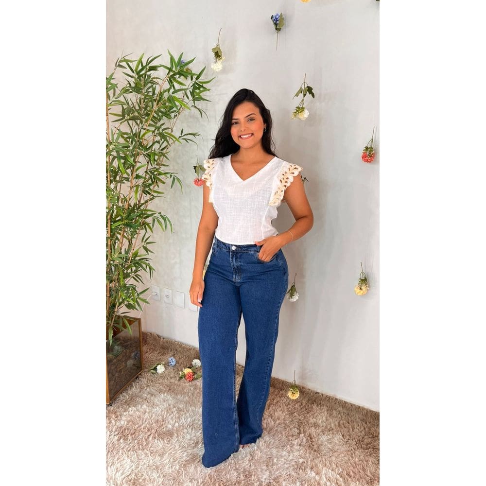 Blusa Visco Linho Detalhe Bordado Lastex Costa Crisconf