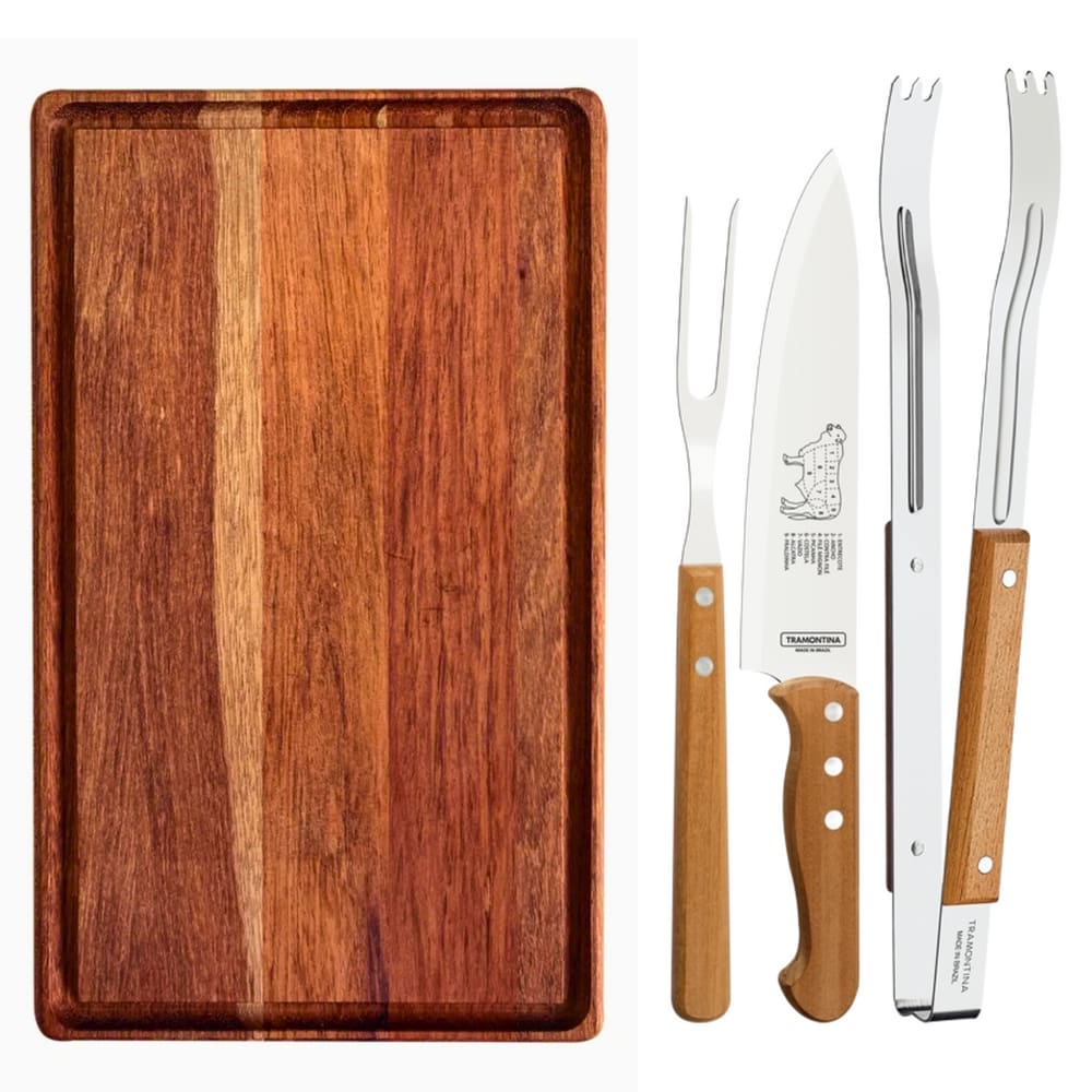 Kit para Churrasco Tramontina com Pegador Faca e Garfo Trinchante + Tabua de Corte 20x33cm