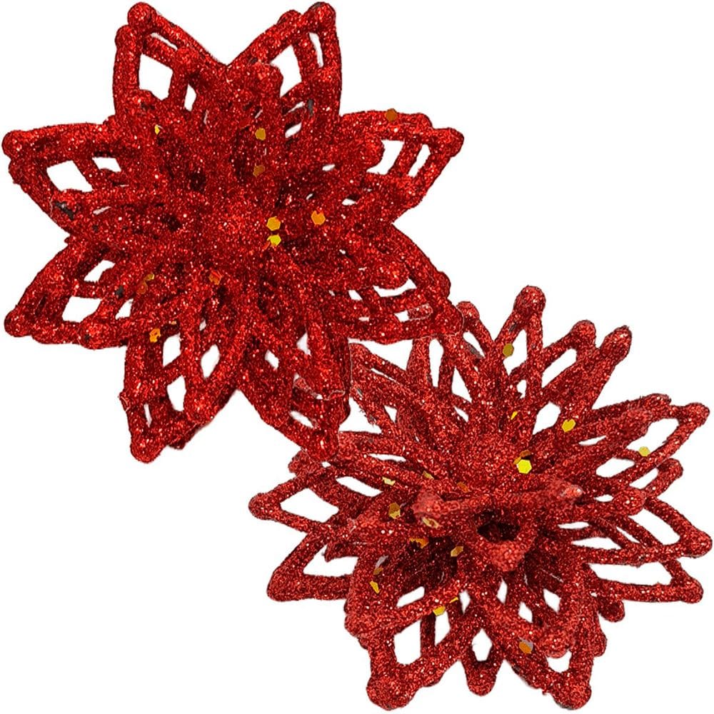 Pendentes Natalino Enfeite Flores Gliter Vermelho Kit 8pçs