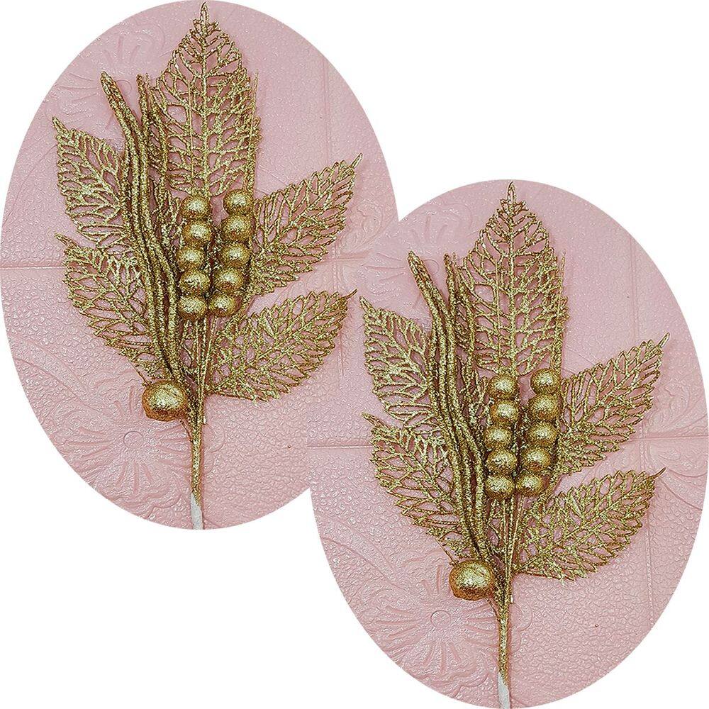 Folhas Flores Enfeite Natal Gliter Dourado Kit 4pçs De 45cm