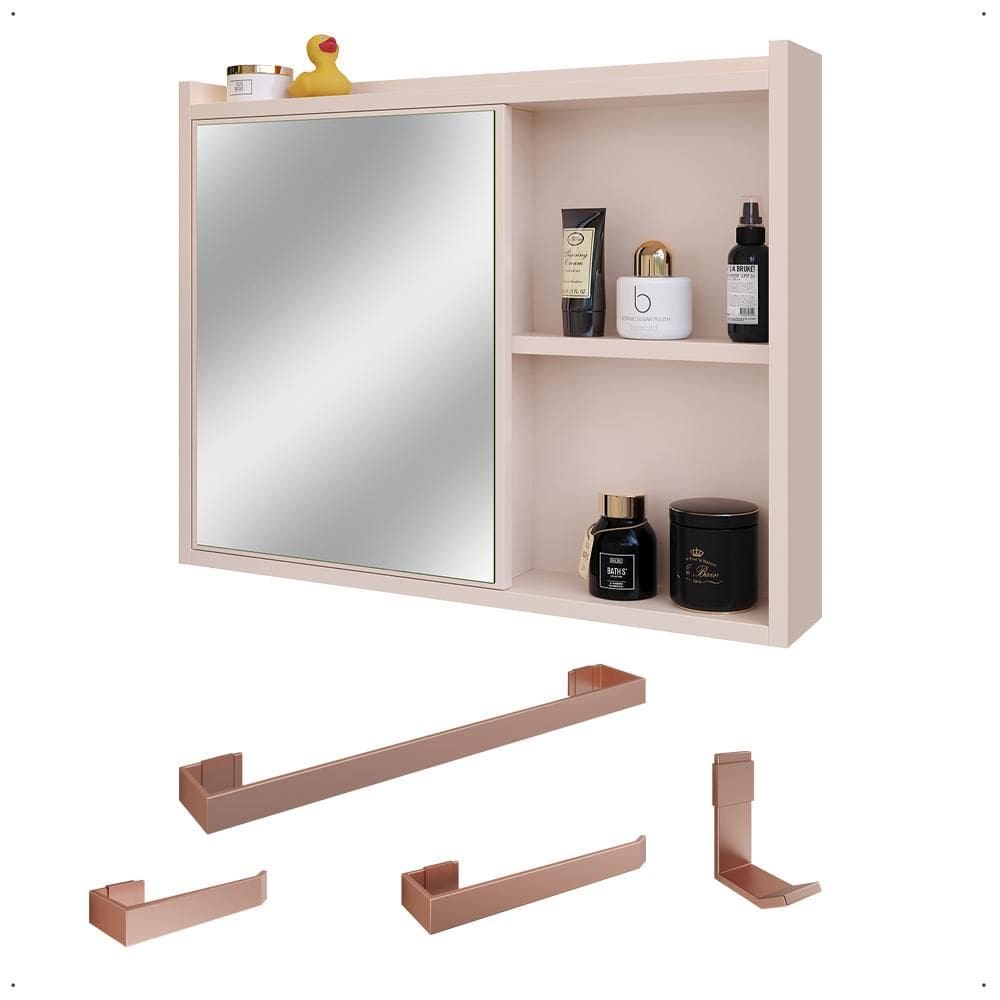 Espelheira Armário de Banheiro 1 Porta Prateleira Espelho Off White Kit Acessórios Lavabo 4 Peças Aço Inox Rose Gold - RPM