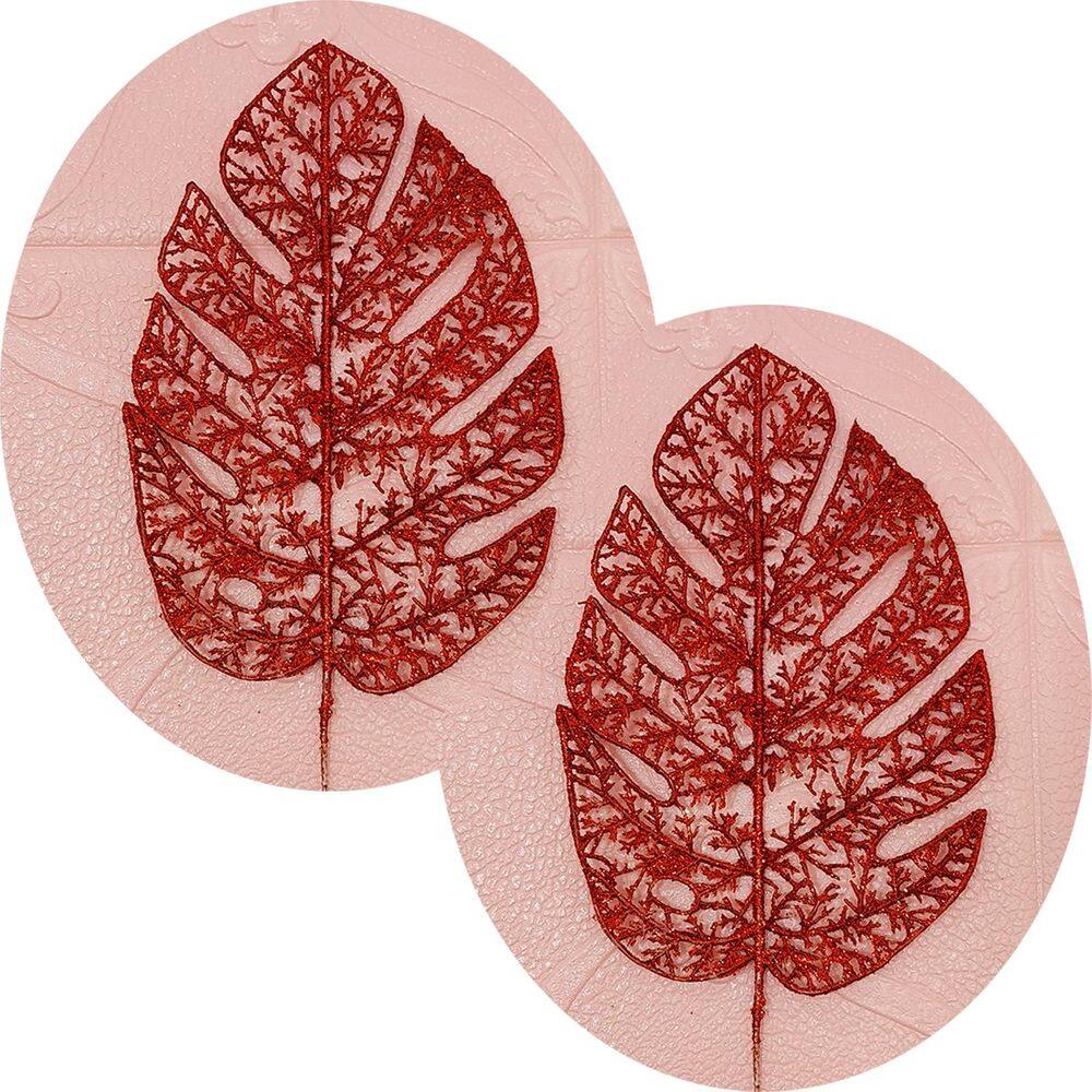 Folhas Flores Enfeite Natal Gliter Vermelho Kit 8pçs 35cm