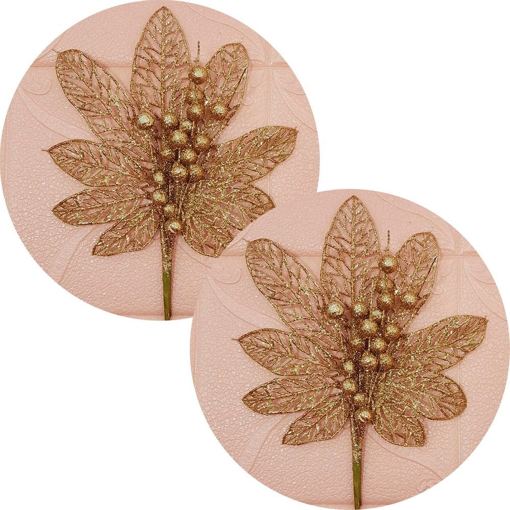 Flores Enfeite Árvore Natal Gliter Dourado De 45cm Kit 4pçs