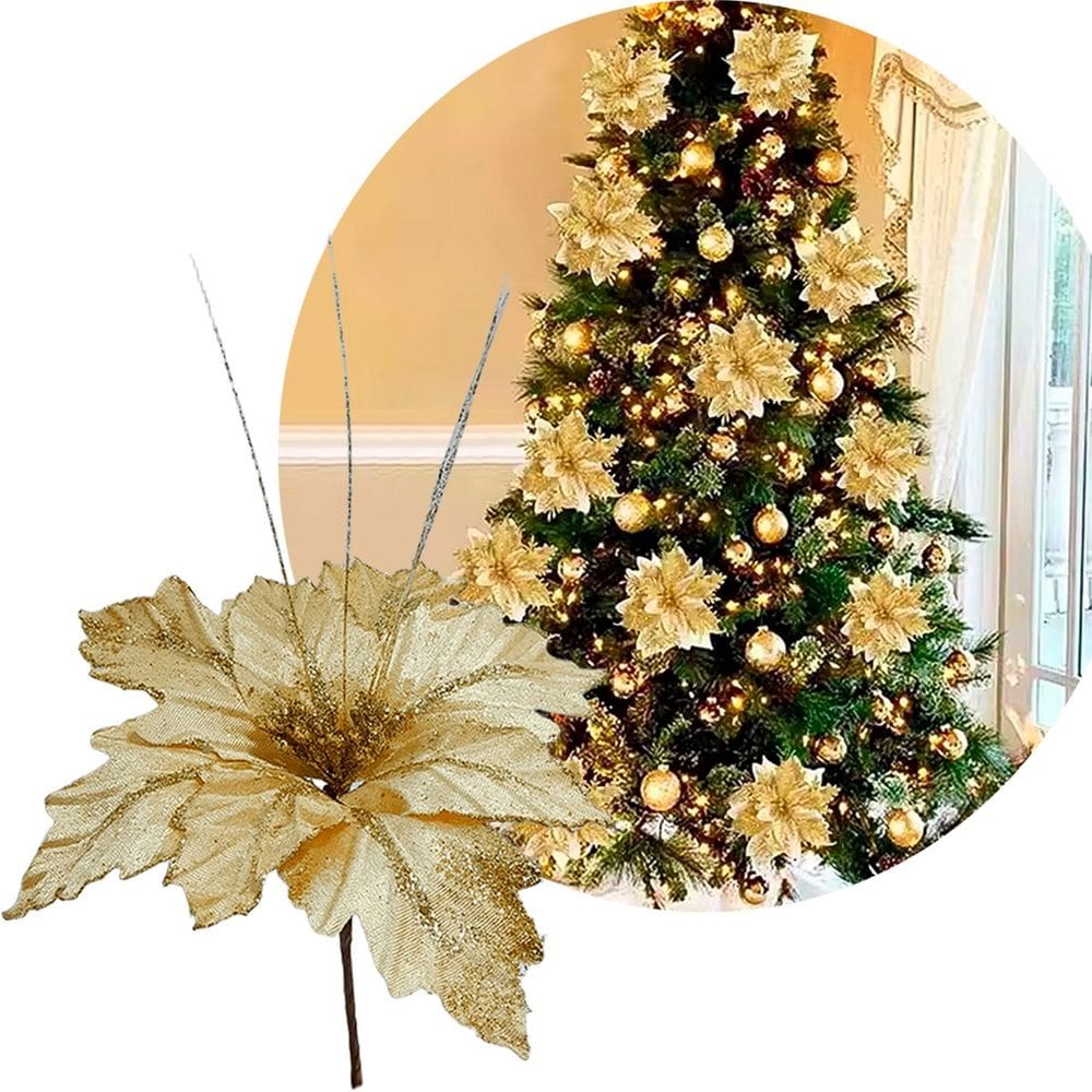 Flores Brilhantes Dourada Natal Decoração De 40cm Kit 4pçs