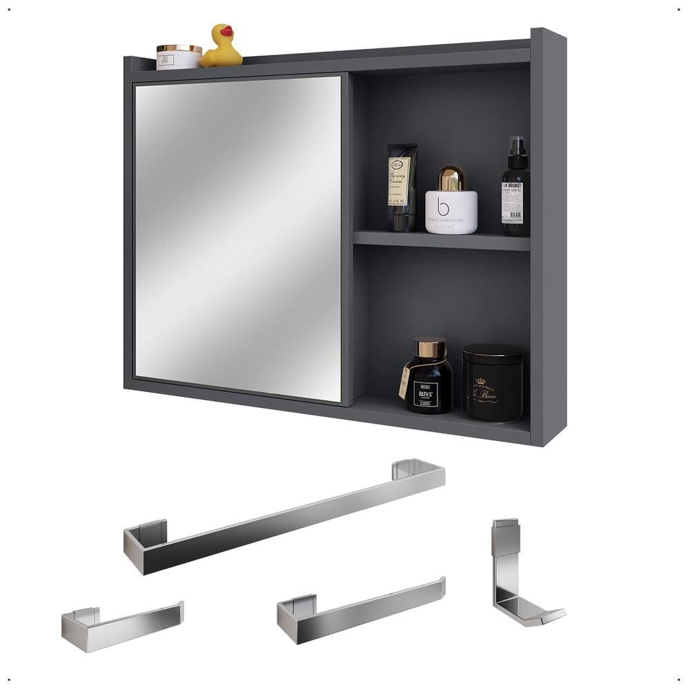 Espelheira Armário de Banheiro 1 Porta Prateleira Espelho Cinza Kit Acessórios Lavabo 4 Peças Aço Inox Cromado- RPM