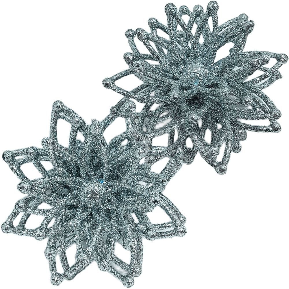 Pendentes Enfeite Natalino Flores Com Gliter Prata Kit 20pçs