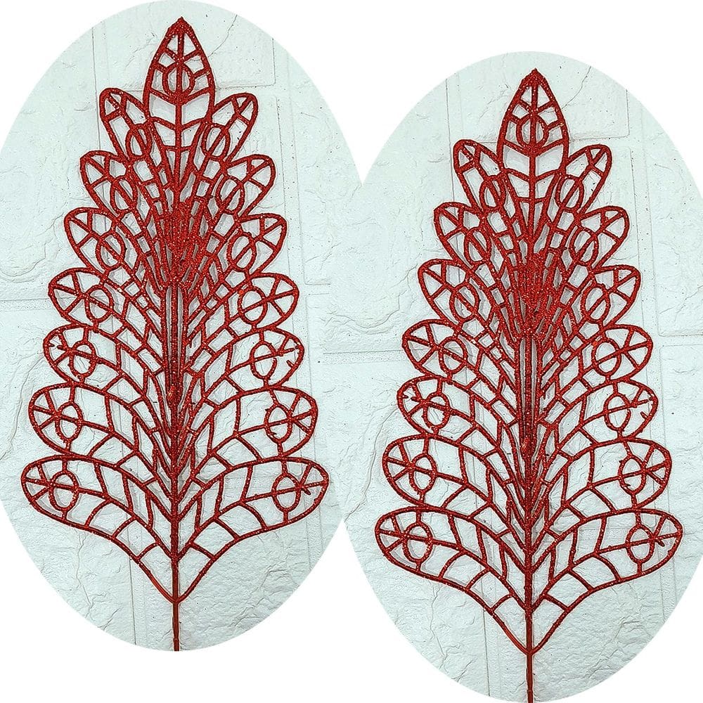 Folhas Flores Árvore Natal Gliter Vermelho Kit 6pçs De 40cm