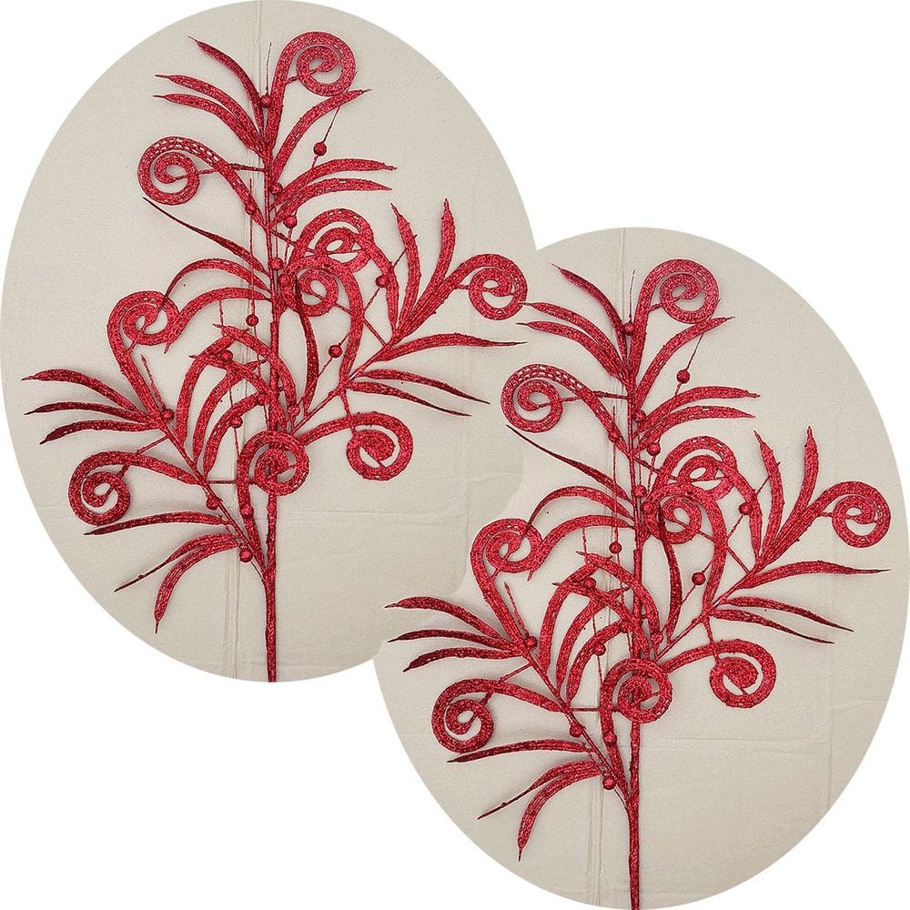 Plantas Folhas Enfeite Natal Gliter Vermelho 70cm Kit 4pçs