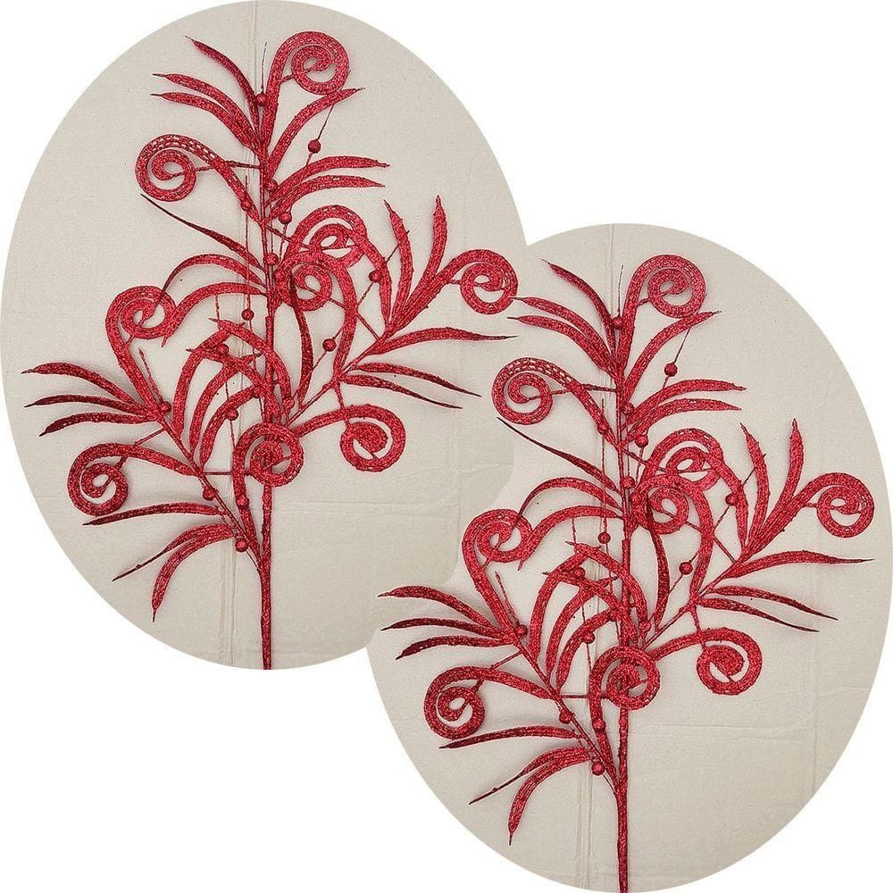 Plantas Folhas Enfeite Natal Gliter Vermelho 70cm Kit 6pçs