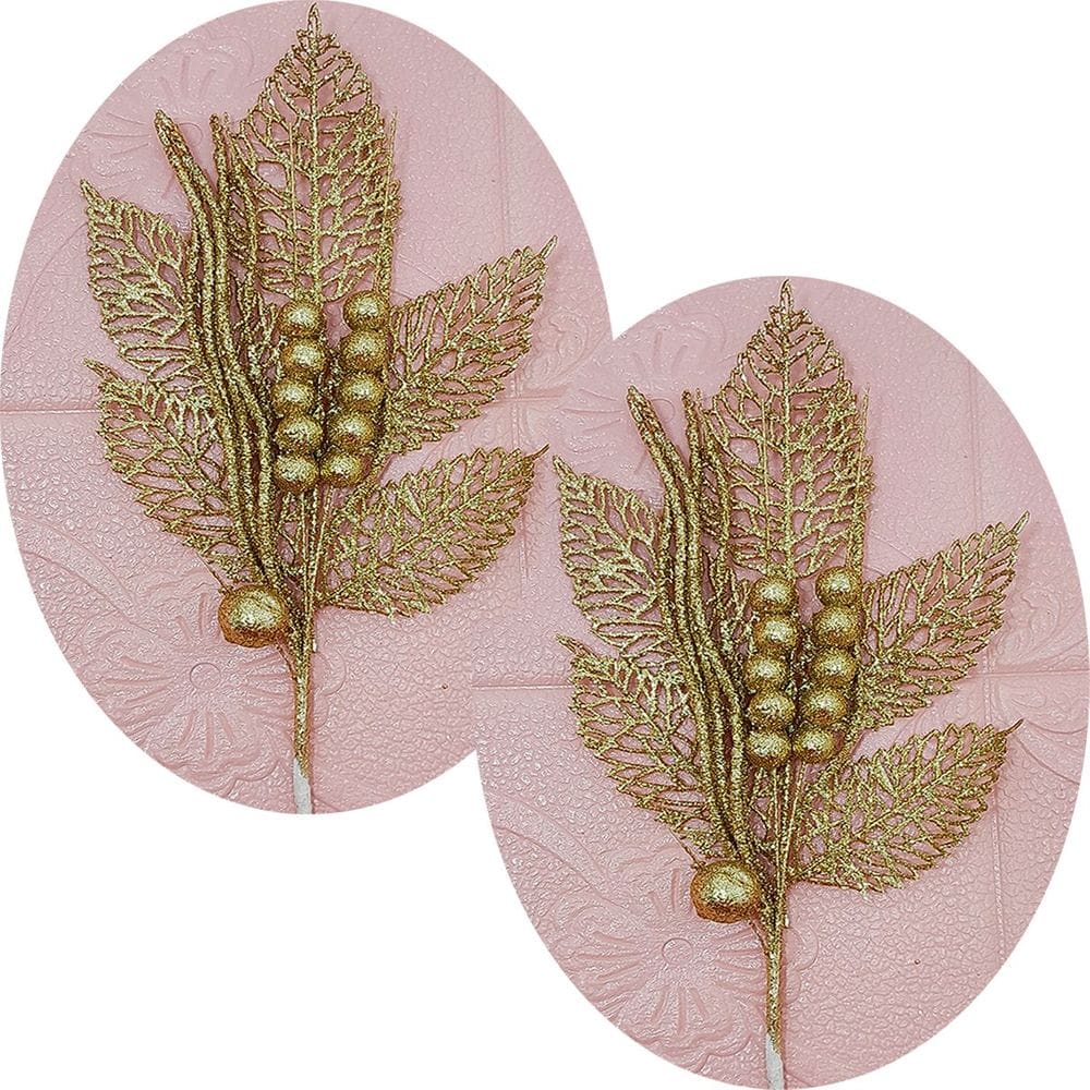 Folhas Flores Enfeite Natal Gliter Dourado De 45cm Kit 10pçs