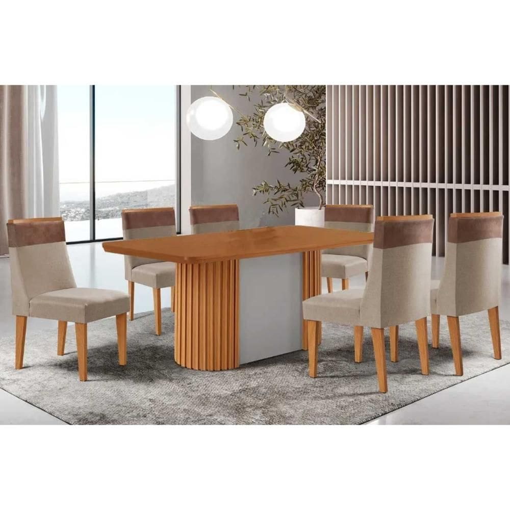 Conjunto: Mesa de Cozinha Pilar c/ Tampo Madeirado Canto Curvo 180x90cm e 6 Cadeiras Jaspe Naturale/Off White - Linho Bege - Rufato