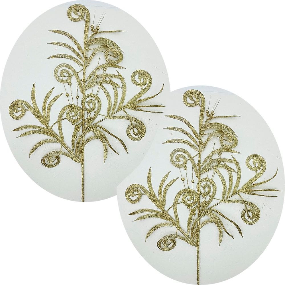 Folhas Plantas Decoração Natal Gliter Dourado 70cm Kit 6pçs
