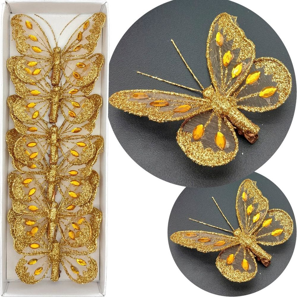 Presilhas Prendedor Borboleta Natal Dourado Gold 8cm 24Pçs