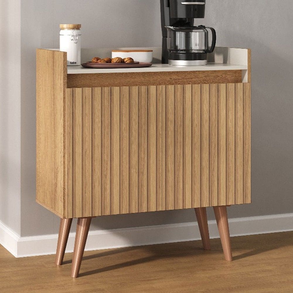 Balcão Buffet Retro 2 Portas 1 Prateleira Ripado 3d Canelato/Natural/Off White - Atualle Móveis