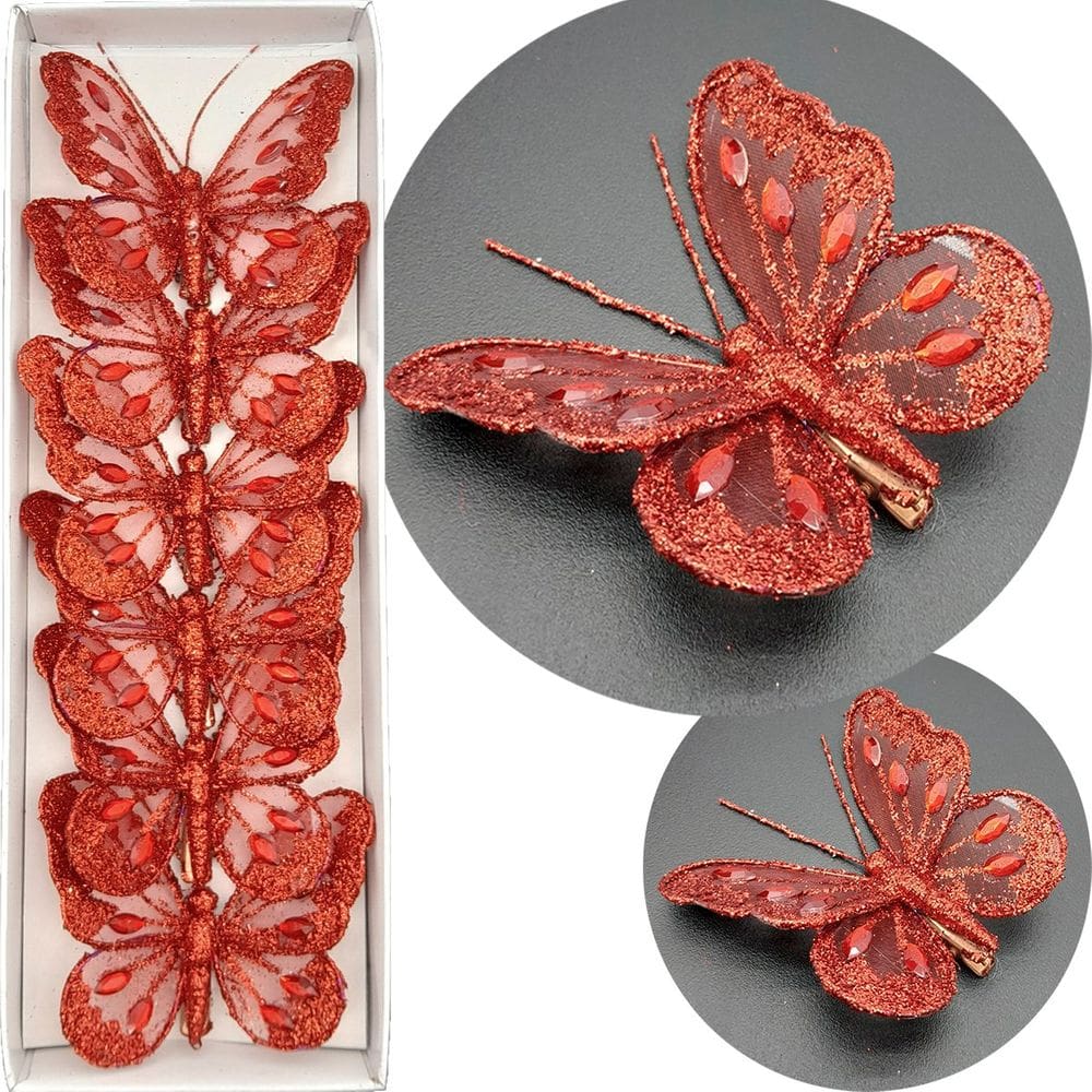 Presilhas Prendedor Natalino Borboleta Vermelho De 8cm 18Pçs