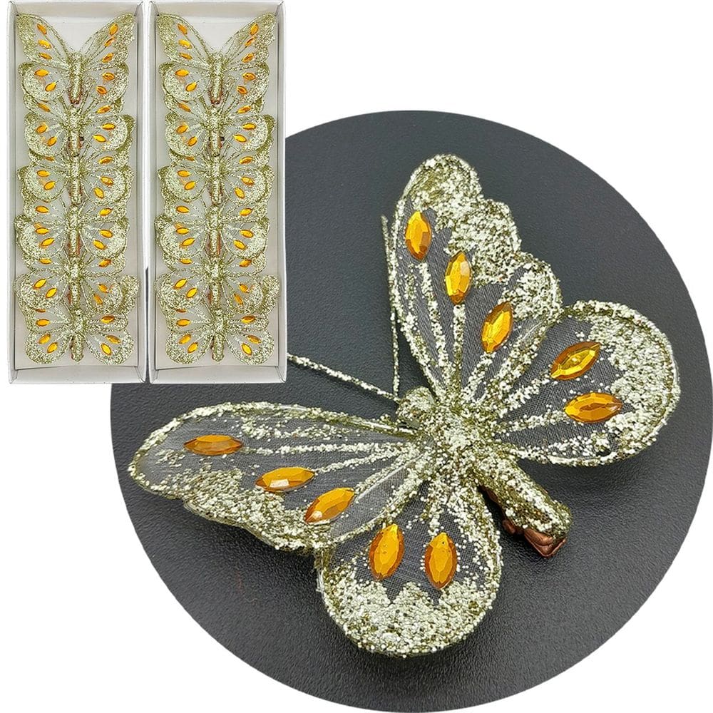 Presilha Prendedor Enfeite Borboleta Natal Dourado 8cm 24Pçs