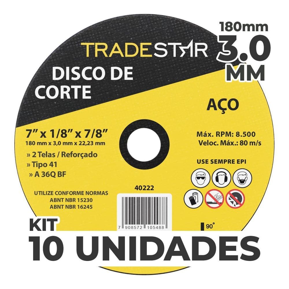 Kit Com 10 Disco De Corte Metal 7 180X3,0 Mm Furo 22/23 Mm