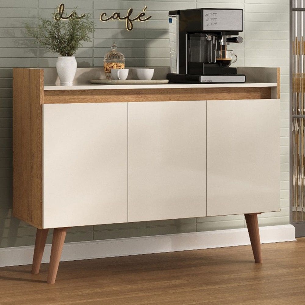 Balcão Buffet Retro 3 Portas 1 Prateleira Canelato/Natural/Off White - Atualle Móveis