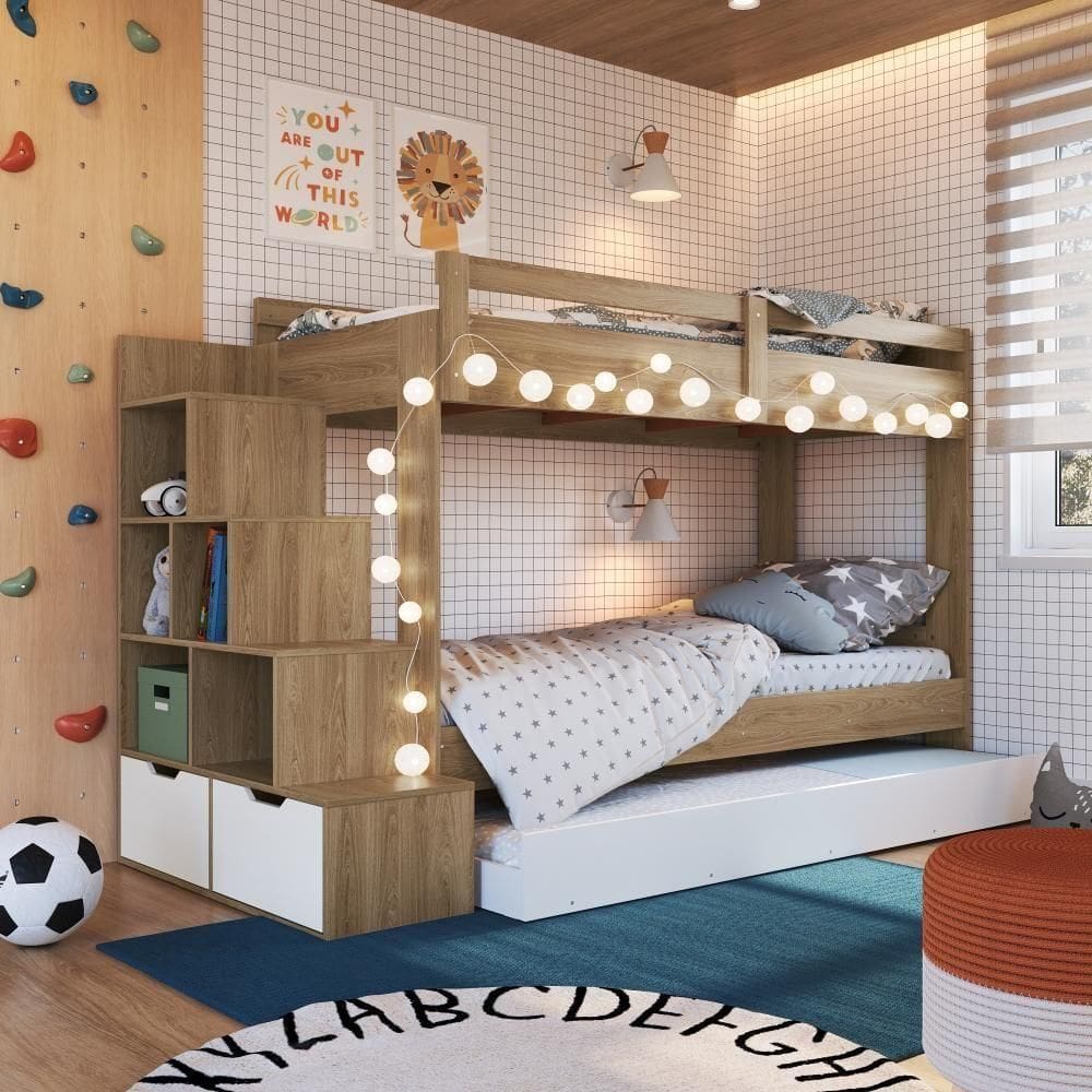 Cama Treliche Infantil Bicama Menino Menina 2,32m Com Escada, Nichos E Gavetas Aveiro Oak Com Branco