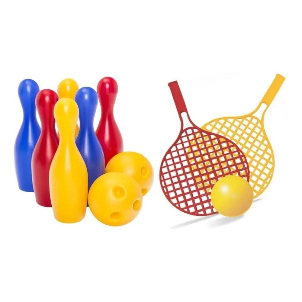 10X Jogo De Boliche Infantil 2 Bolas 16Cm + 2 Raquetes Praia