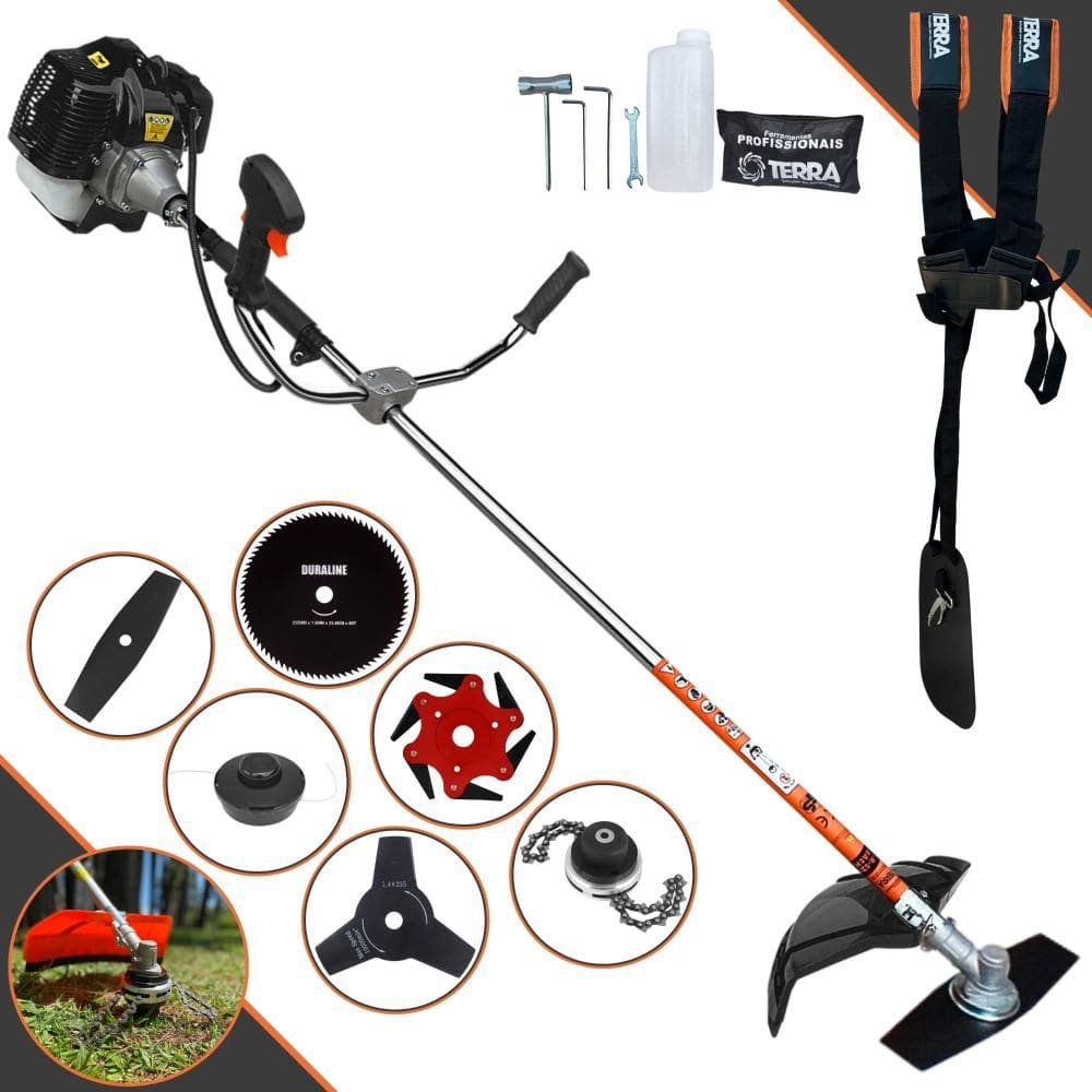 Roçadeira À Gasolina Terra GRH520 52cc 2T 2,5HP 6 Em 1 Com Carretel Nylon + Faca 2 Pontas + Faca 3 Pontas + Faca 6 Pontas + Faca 80 Dentes + Trimmer