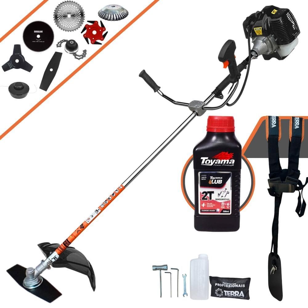 Roçadeira Terra GRH-520 52cc 2,5HP Com Carretel + Facas 2 Pontas, 3 Pontas, 6 Pontas, 40 Dentes, 80 Dentes, Trimmer e Escova de Aço + ÓLEO TOYAMA