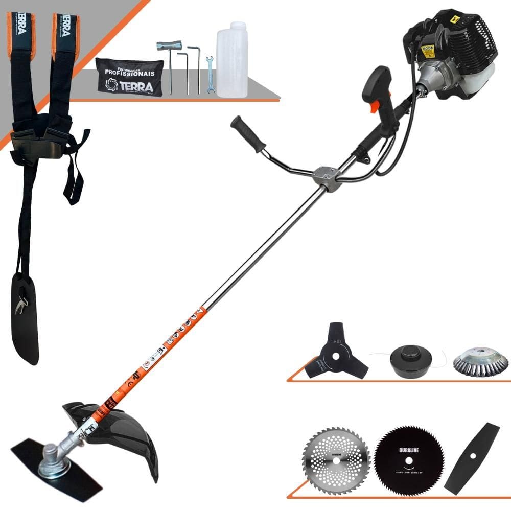 Roçadeira  Terra GRH520 À Gasolina 52cc 2,5HP 6.500rpm Com Carretel Nylon e Faca 2 Pontas + Kit de 3 Facas Extras + Escova de Aço Rotativa