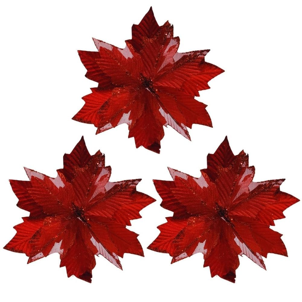 Kit 3 Flores Bico de Papagaio Natalino Pick Recort Veludo Vermelho Glitter Luxo 28cm