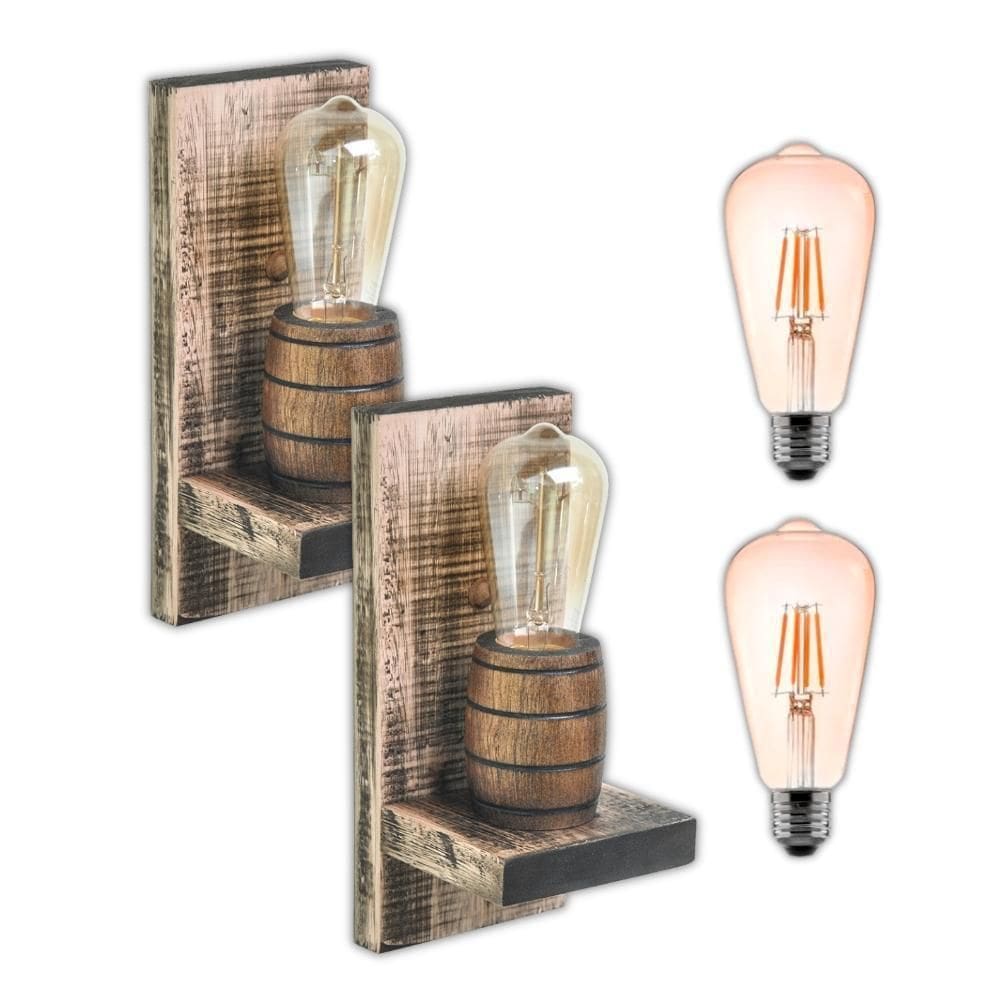 Kit 2 Arandelas Barril Delenha Decor Rústica + Lâmpadas