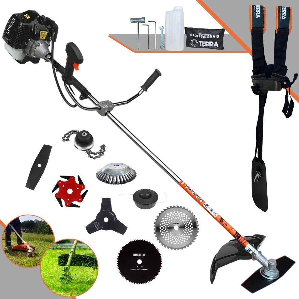 Roçadeira  Completa Terra GRH520 À Gasolina Motor 2T 52cc 2,5HP de Potência Alta Rotação Com Carretel de Nylon + Kit 7 Opções de Cortes