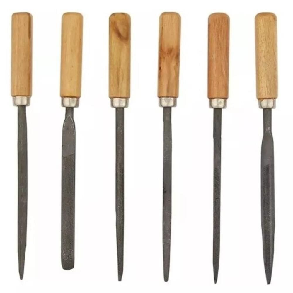 Kit Jogo Lima Agulha 6 Peças Com Cabo De Madeira Multiuso