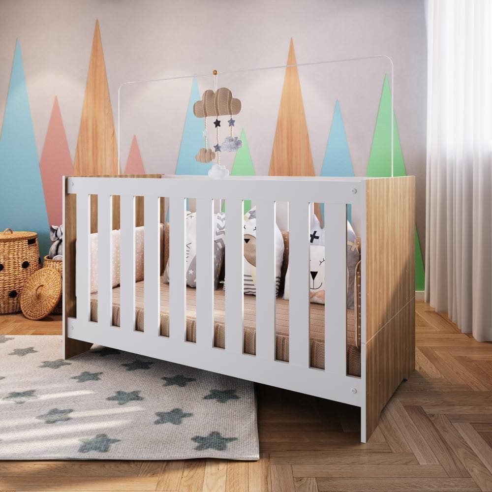 Berço Infantil Cama 3 em 1 133cm Regulagem de Altura Nogal com Branco