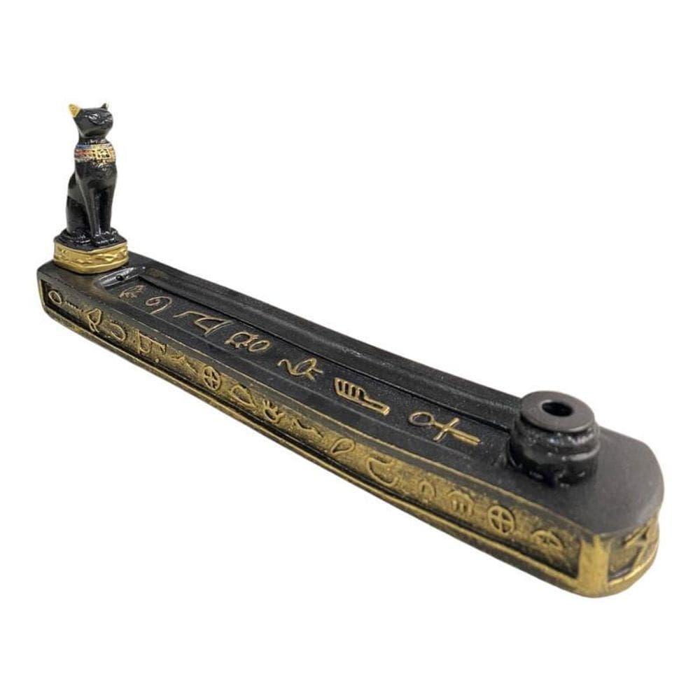 Incensário Canaleta Bastet 24 Cm Preto E Dour. Em Resina