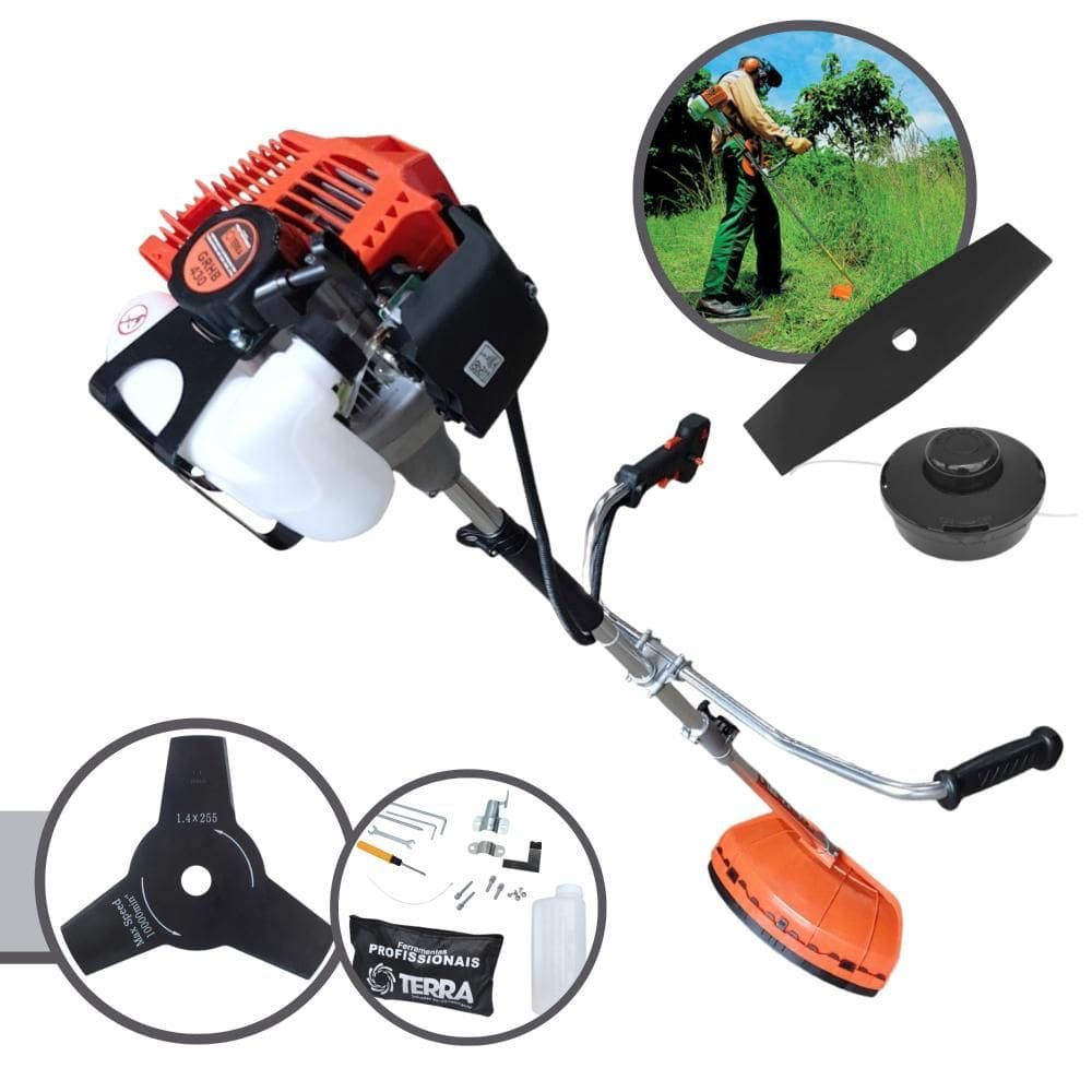 Roçadeira Multifuncional À Gasolina Terra GRHB-430 Bipartida 43cc 1,7HP 2T Alta Rotação Com Carretel de Nylon + Faca 2 Pontas + Faca 3 Pontas 255MM