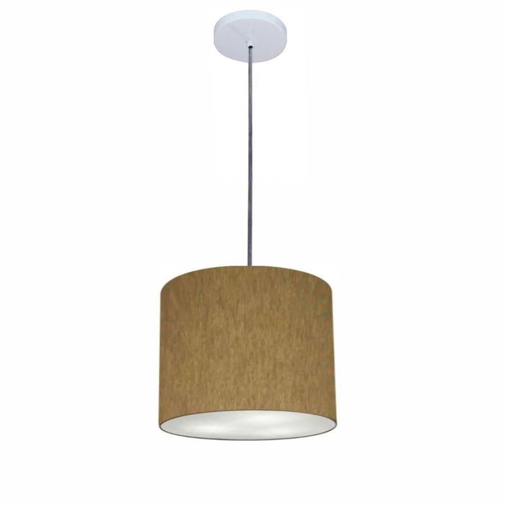 Lustre Luminária Pendente Vivare Free Lux Pe-4107br Cúpula Em Tecido 25x20cm Cáqui Canopla Branca E Fio Cristal