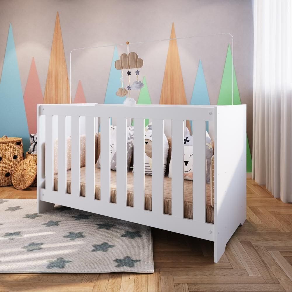 Berço Infantil Cama 3 em 1 133cm Colchão Regulagem de Altura Branco