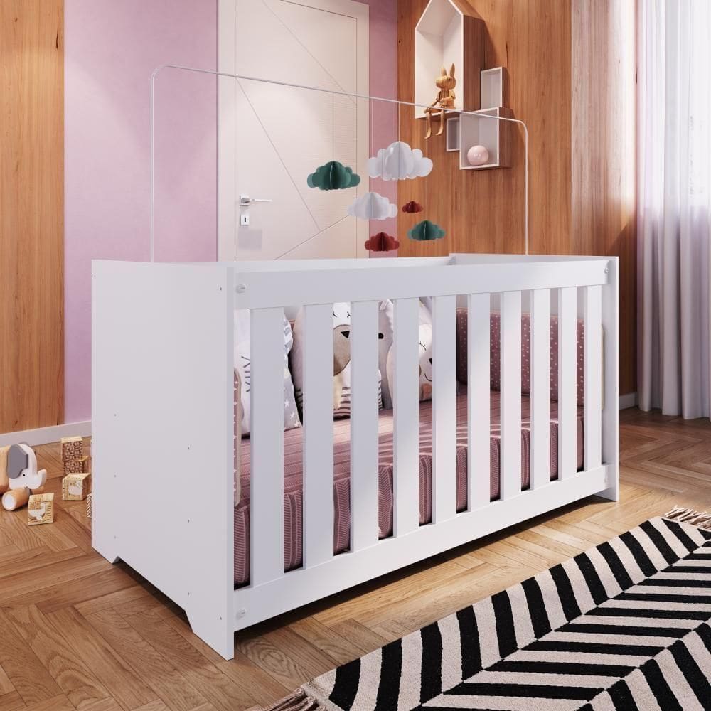 Berço Infantil Simples 133cm Com Regulagem De Altura E Grade Mdf Branco