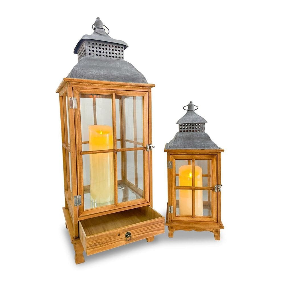 Conjunto Lanternas Decorativa Madeira Rustica C/Velas