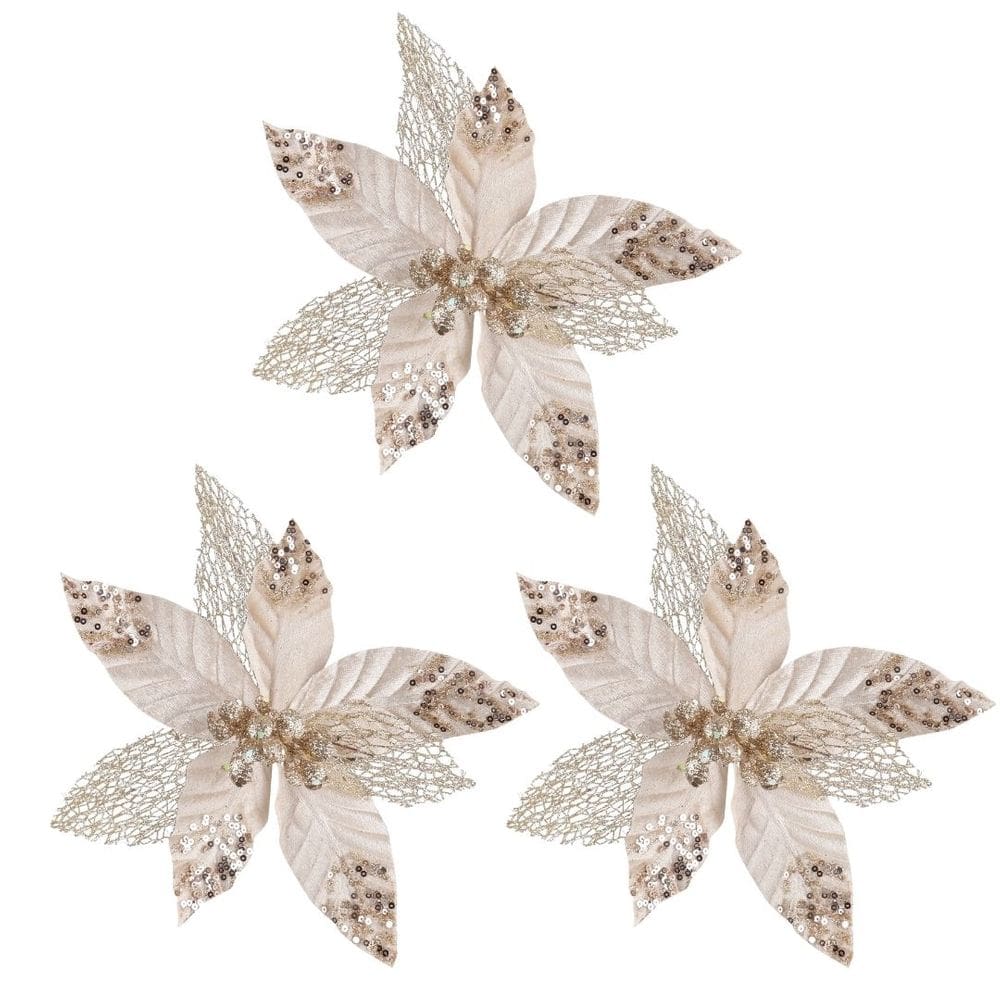 Kit 3 Flores Bico de Papagaio Luxo Champanhe Mescla Veludo Glitter 23cm